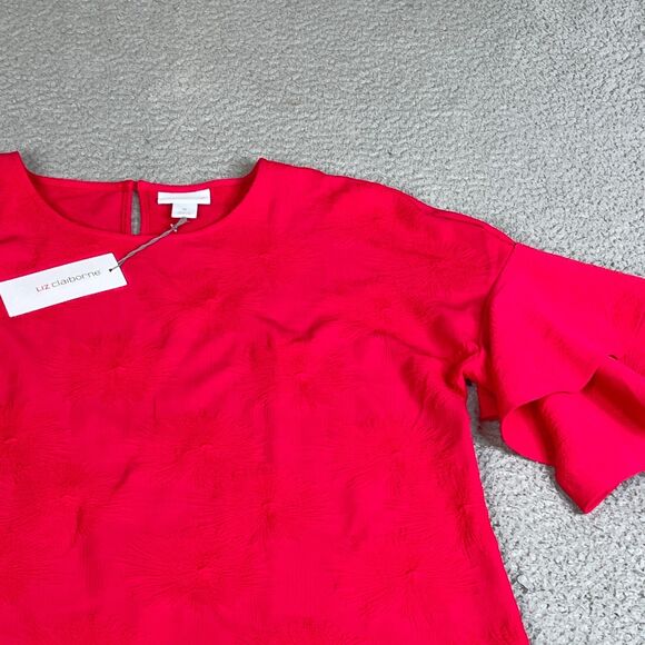 Liz Clairborne Blouse Womens M Red Floral Bell Sleeve Stretch Textured - Picture 5 of 12